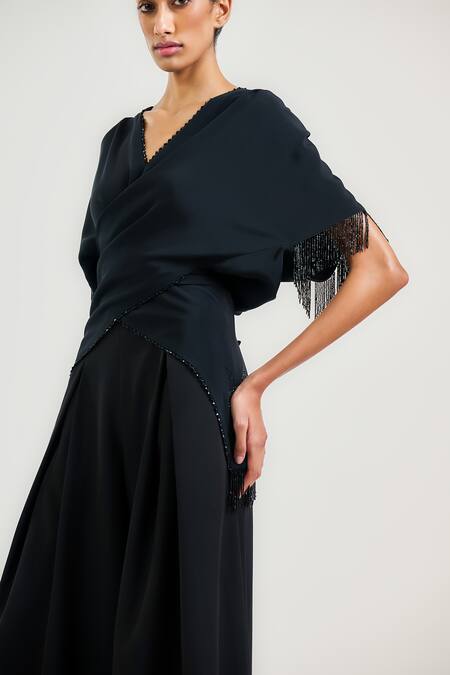 Buy_Ott_Black Silk, Crepe Beads V-neck Multi-way Fringed Top _Online_at_Aza_Fashions