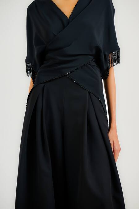 Shop_Ott_Black Silk, Crepe Beads V-neck Multi-way Fringed Top _Online_at_Aza_Fashions