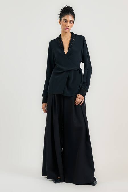 Tarun Tahiliani_Black Silk, Crepe Beads Shawl Neck Cocktail Wrap Top _Online_at_Aza_Fashions