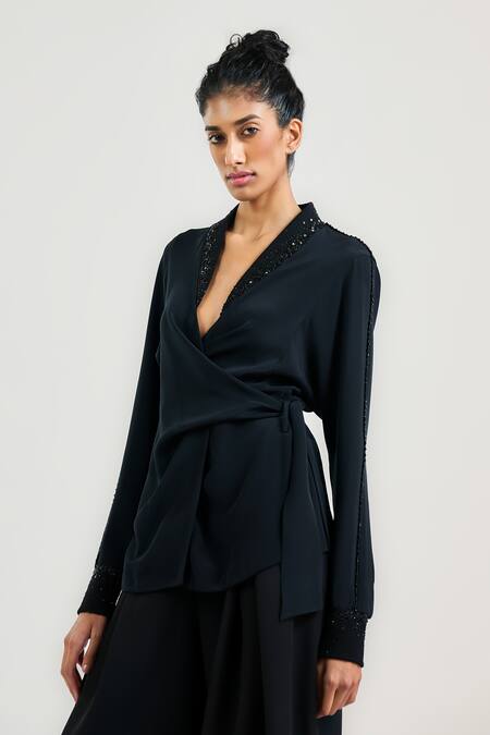 Buy_Tarun Tahiliani_Black Silk, Crepe Beads Shawl Neck Cocktail Wrap Top _Online_at_Aza_Fashions