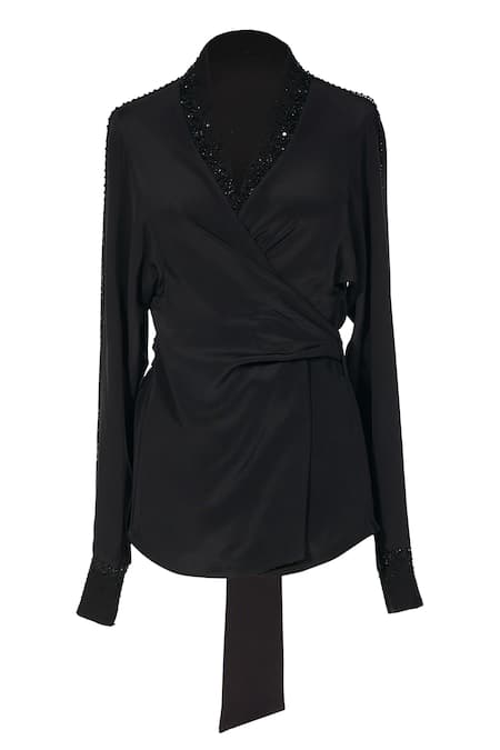 Shop_Tarun Tahiliani_Black Silk, Crepe Beads Shawl Neck Cocktail Wrap Top _Online_at_Aza_Fashions