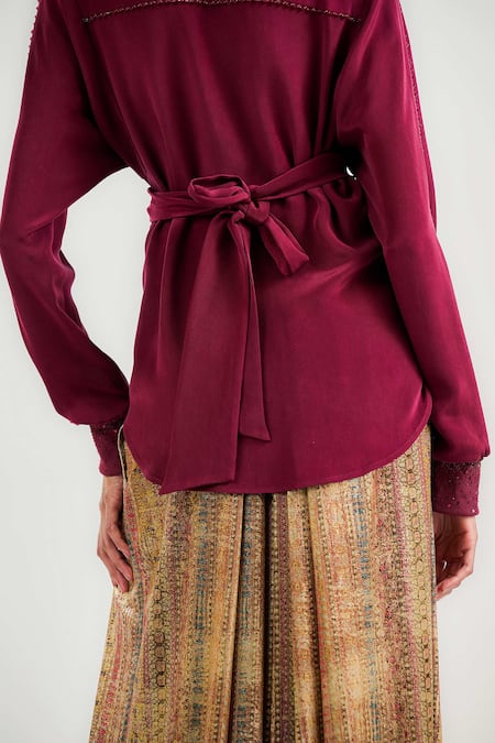Tarun Tahiliani_Burgundy Silk, Crepe Embroidery V-neck Cocktail Wrap Top _Online_at_Aza_Fashions