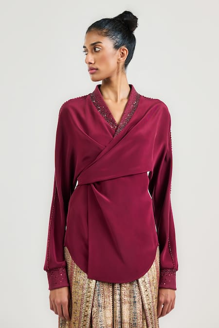 Buy_Tarun Tahiliani_Burgundy Silk, Crepe Embroidery V-neck Cocktail Wrap Top _Online_at_Aza_Fashions