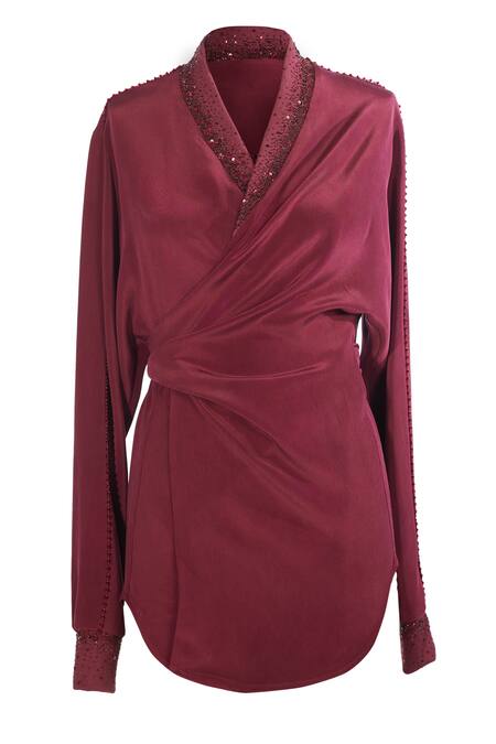 Shop_Tarun Tahiliani_Burgundy Silk, Crepe Embroidery V-neck Cocktail Wrap Top _Online_at_Aza_Fashions