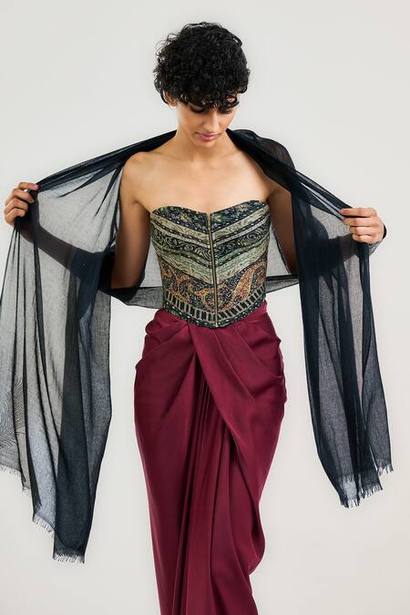 Ott_Black Viscose Embroidery Jamawar Print Corset _Online_at_Aza_Fashions