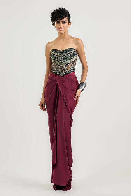 Buy_Ott_Black Viscose Embroidery Jamawar Print Corset _Online_at_Aza_Fashions