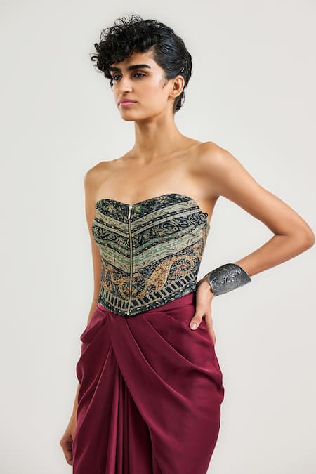Ott Black Viscose Embroidery Jamawar Print Corset 
