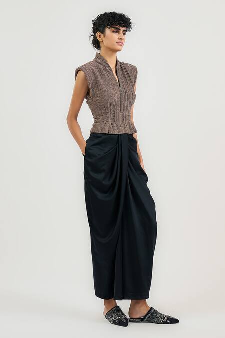 Buy_Ott_Gold Open Neck Metallic Crinkle Crop Top _Online_at_Aza_Fashions