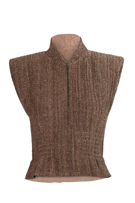 Shop_Ott_Gold Open Neck Metallic Crinkle Crop Top _Online_at_Aza_Fashions