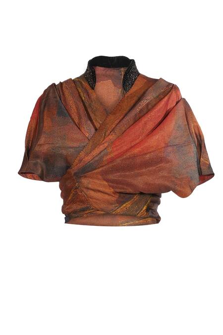 Tarun Tahiliani_Rust Linen, Satin Mandarin Collar Ram Kumar Wrap Top _Online_at_Aza_Fashions