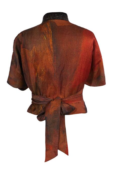 Buy_Tarun Tahiliani_Rust Linen, Satin Mandarin Collar Ram Kumar Wrap Top _Online_at_Aza_Fashions