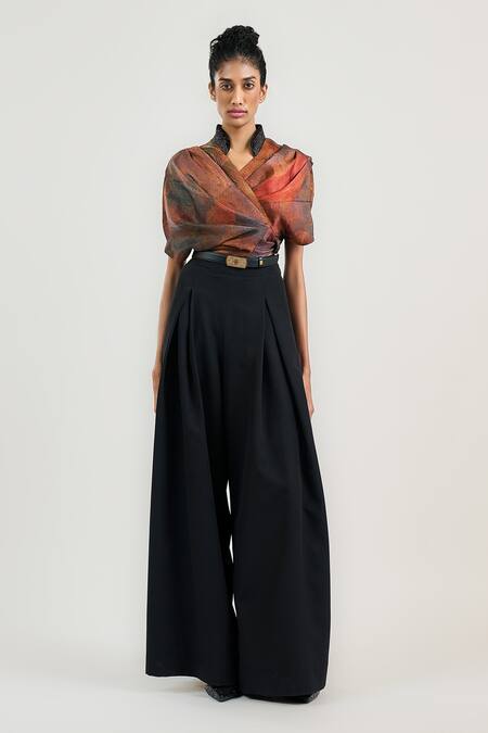 Shop_Tarun Tahiliani_Rust Linen, Satin Mandarin Collar Ram Kumar Wrap Top _Online_at_Aza_Fashions
