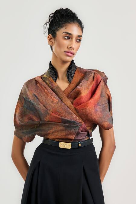 Tarun Tahiliani_Rust Linen, Satin Mandarin Collar Ram Kumar Wrap Top _at_Aza_Fashions