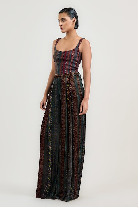 Ott Burgundy Lycra Square Neck Jamawar Stripe Pattern Crop Top Online at Aza Fashions Ott_Burgundy Lycra Square Neck Jamawar Stripe Pattern Crop Top _Online_at_Aza_Fashions