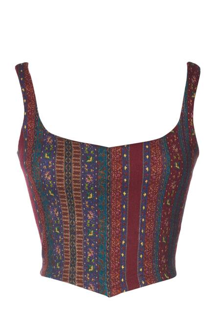 Buy Ott Burgundy Lycra Square Neck Jamawar Stripe Pattern Crop Top Online at Aza Fashions Buy_Ott_Burgundy Lycra Square Neck Jamawar Stripe Pattern Crop Top _Online_at_Aza_Fashions