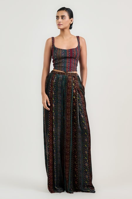 OTT Burgundy Lycra Square Neck Jamawar Stripe Pattern Crop Top 