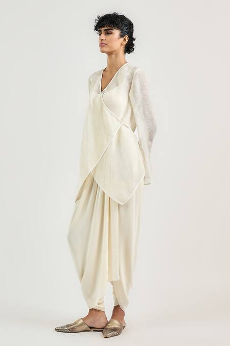 Ott_Ivory Viscose, Georgette Tailored Dhoti Pant _Online_at_Aza_Fashions