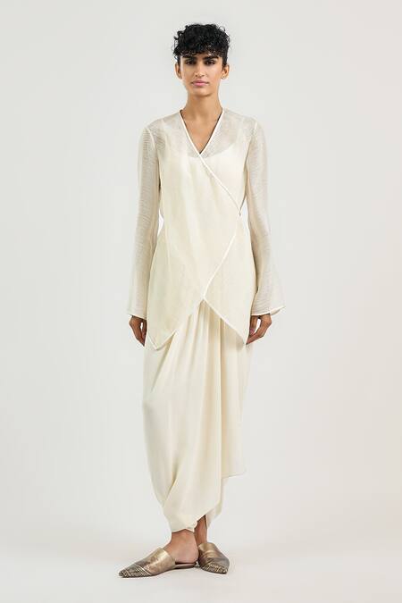 Shop_Ott_Ivory Viscose, Georgette Tailored Dhoti Pant _Online_at_Aza_Fashions