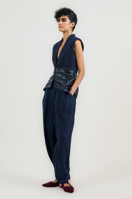 Ott_Navy Linen Sequins Blue Tailored Salwar Pants _Online_at_Aza_Fashions