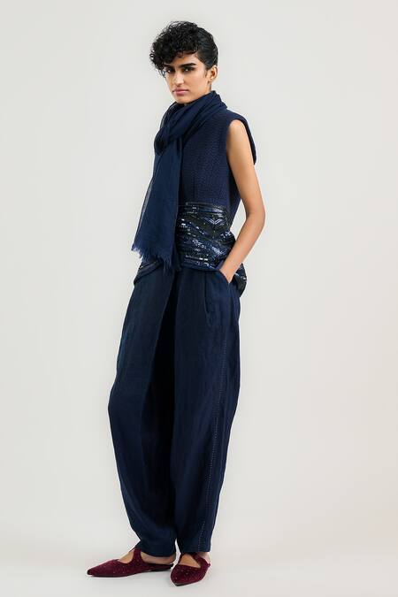 Shop_Ott_Navy Linen Sequins Blue Tailored Salwar Pants _Online_at_Aza_Fashions