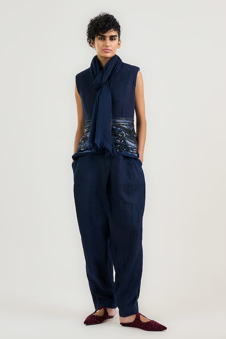 OTT Navy Linen Sequins Blue Tailored Salwar Pants 