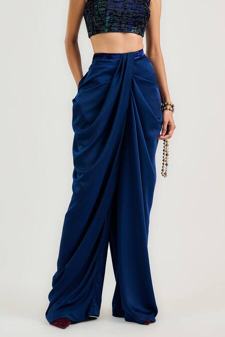 Buy_Ott_Navy Satin Draped Pant _Online_at_Aza_Fashions