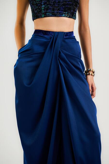 Shop_Ott_Navy Satin Draped Pant _Online_at_Aza_Fashions