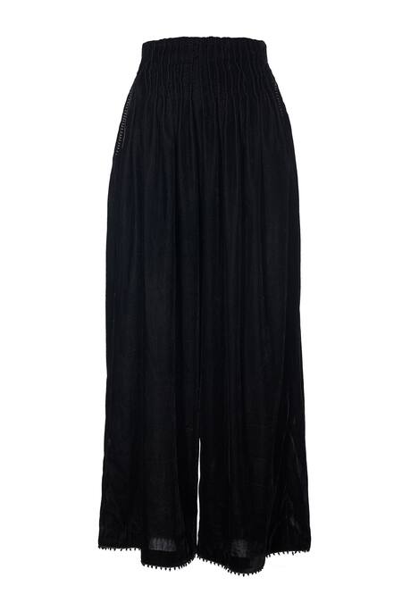 Ott_Black Silk, Velvet Pleated Palazzo _Online_at_Aza_Fashions