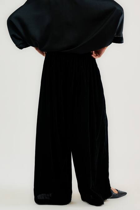 Buy_Ott_Black Silk, Velvet Pleated Palazzo _Online_at_Aza_Fashions