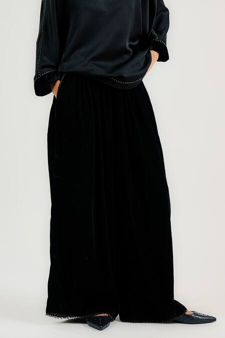 Shop_Ott_Black Silk, Velvet Pleated Palazzo _Online_at_Aza_Fashions
