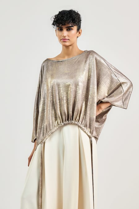 Ott_Gold Jersey Boat Neck Laidback Metallic Top _Online_at_Aza_Fashions