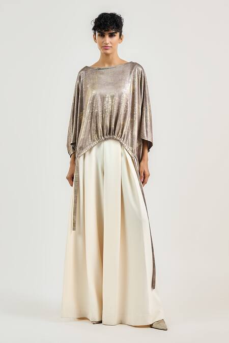 Buy_Ott_Gold Jersey Boat Neck Laidback Metallic Top _Online_at_Aza_Fashions