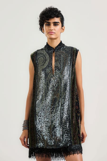 OTT Black Viscose, Georgette Sequins Keyhole Neck Jamawar Cocktail Dress 