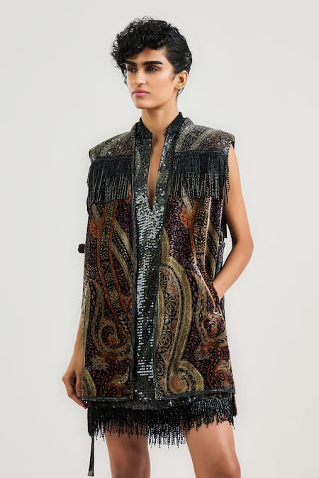 Ott Black Viscose, Georgette Sequins Keyhole Neck Jamawar Cocktail Dress at Aza Fashions Ott_Black Viscose, Georgette Sequins Keyhole Neck Jamawar Cocktail Dress _at_Aza_Fashions