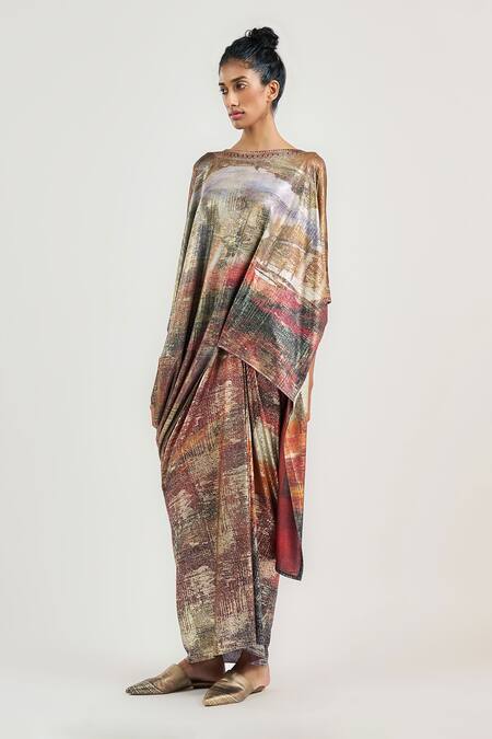 Shop_Ott_Multi Color Jersey Round Neck Ram Kumar Collage Top _Online_at_Aza_Fashions