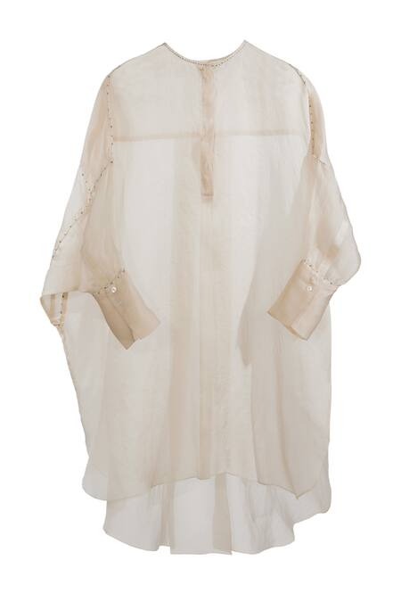 Ott_Ivory Silk Satin, Organza Embroidery Split V-neck Kantha Tunic _Online_at_Aza_Fashions
