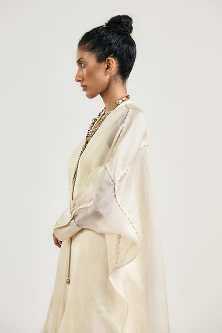 Buy_Ott_Ivory Silk Satin, Organza Embroidery Split V-neck Kantha Tunic _Online_at_Aza_Fashions