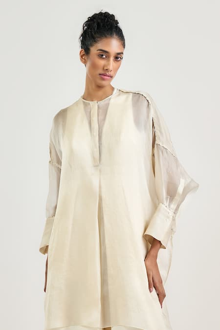 Ott_Ivory Silk Satin, Organza Embroidery Split V-neck Kantha Tunic _at_Aza_Fashions