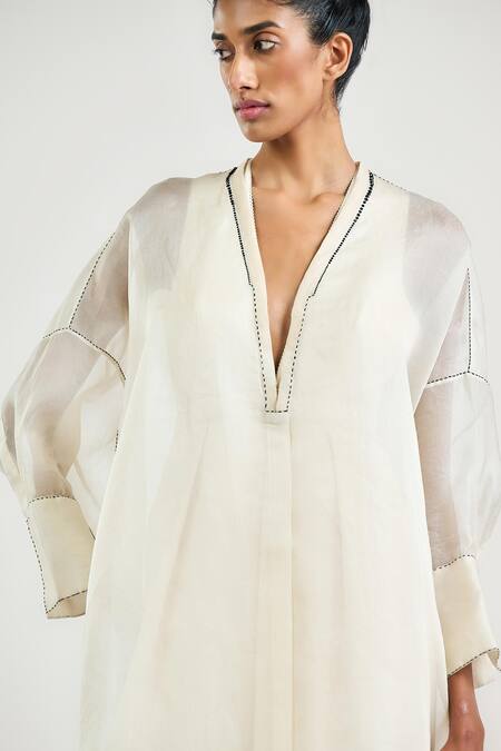 Ott_Ivory Silk Satin, Organza V-neck Crystal V Asymmetrical Tunic _Online_at_Aza_Fashions