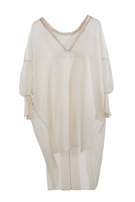 Buy_Ott_Ivory Silk Satin, Organza V-neck Crystal V Asymmetrical Tunic _Online_at_Aza_Fashions