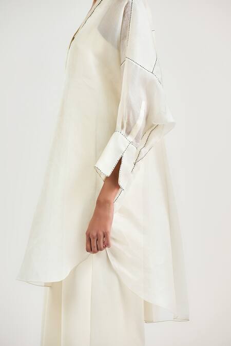 Shop_Ott_Ivory Silk Satin, Organza V-neck Crystal V Asymmetrical Tunic _Online_at_Aza_Fashions