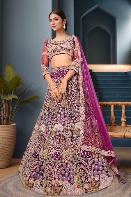 Buy_Samyukta Singhania_Burgundy Net Sequins, Embroidery Round Neck Floral Lehenga Set _at_Aza_Fashions