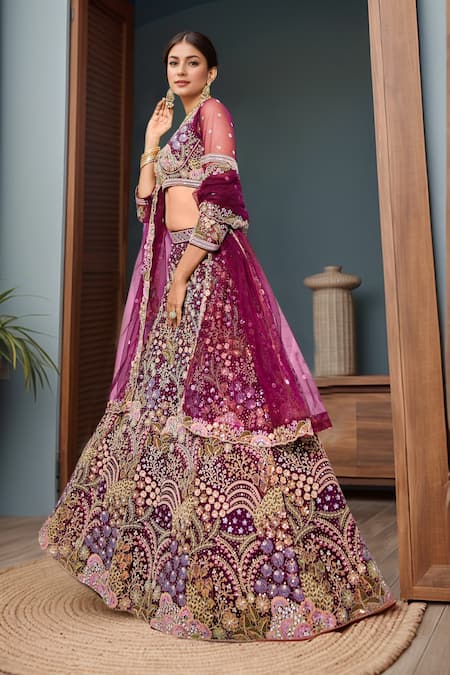 Samyukta Singhania_Burgundy Net Sequins, Embroidery Round Neck Floral Lehenga Set _at_Aza_Fashions