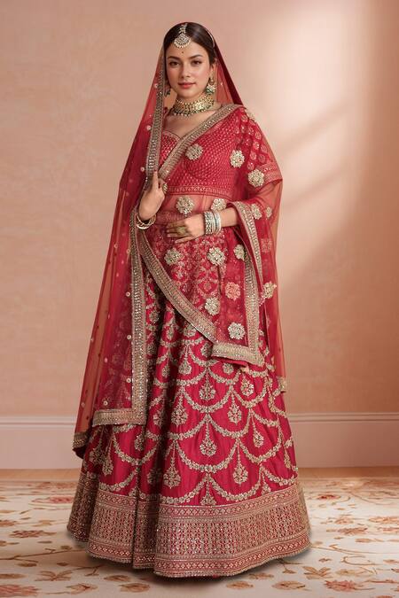 Shop_Samyukta Singhania_Red Silk, Net Sequins, Embroidery Sweetheart Neck Lehenga Set