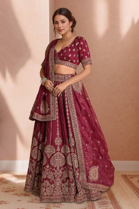 Shop Samyukta Singhania Maroon Silk, Organza Embroidery, Sequins Classic Lehenga Set Shop_Samyukta Singhania_Maroon Silk, Organza Embroidery, Sequins Classic Lehenga Set