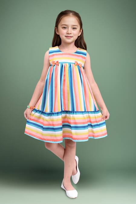 Buy_Samyukta Singhania_Multi Color Cotton Bows Striped Dress With Ruffle Hem