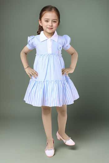 Buy Petite Pomme Blue Cotton Sleeveless Stripe Printed Dress at Aza Fashions Buy_Petite Pomme_Blue Cotton Sleeveless Stripe Printed Dress_at_Aza_Fashions