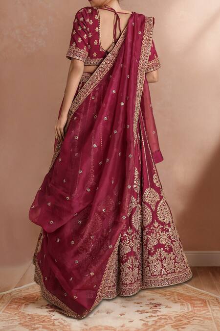 Shop Samyukta Singhania Maroon Silk, Organza Embroidery, Sequins Classic Lehenga Set at Aza Fashions Shop_Samyukta Singhania_Maroon Silk, Organza Embroidery, Sequins Classic Lehenga Set_at_Aza_Fashions