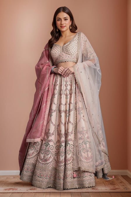 Samyukta Singhania Embroidered Peach Silk Lehenga Set 