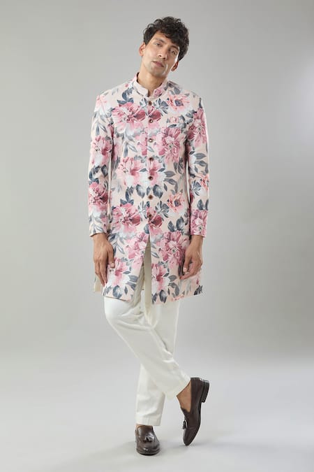 Arihant Rai Sinha Floral Print Peach Sherwani & White Pollo Pant 